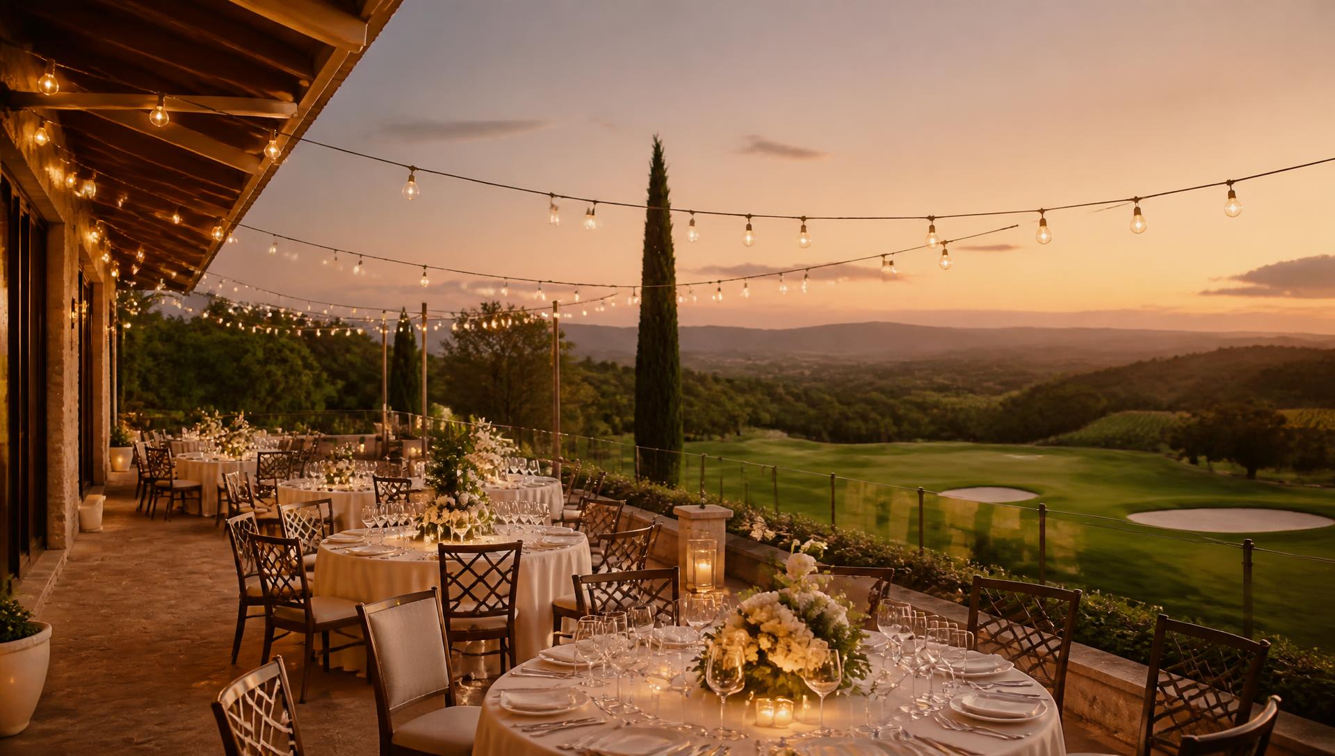 Clubhouse terrace set for dinner at dusk overlooking the course